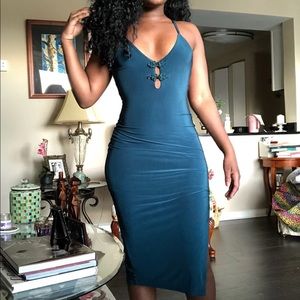 Teal blue slinky midi dress